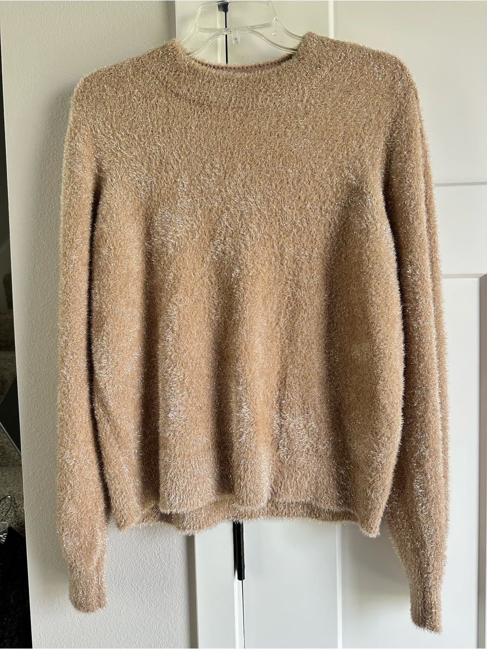 White House Black Market Fuzzy Crewneck Sweater in Tan with silver metallic L